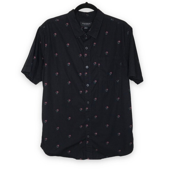 PacSun Short Sleeve Button Up Black Red Rose All Over Print Chest Pkt Men Large - Picture 1 of 12